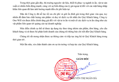 THÔNG BÁO  Về việc điều chỉnh giá dịch vụ in ấn – vật tư in ấn – quảng cáo